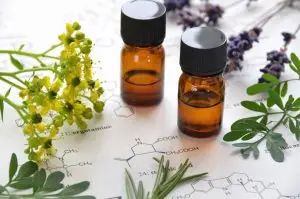 Aromatherapy Essential Oil bottles with plants.