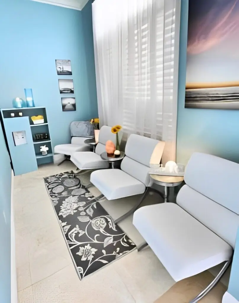 Plush guest seating in the Balance Spa waiting room in Boca Raton