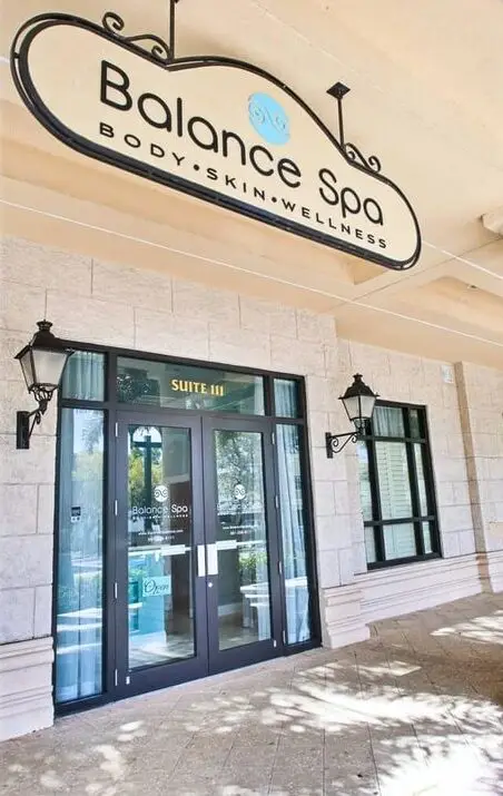 Balance Spa Body, Skin, and Wellness entrance sign and front door in Boca Raton, FL.