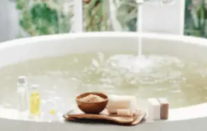 Relaxing spa bath with salts, soaps, and oils.